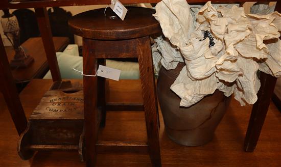 A 19th century brown glazed stoneware vase, a Victorian stool and a salt box